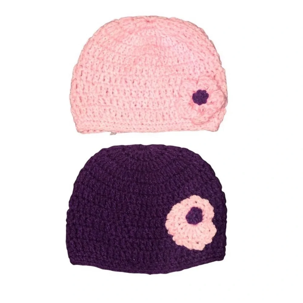 2 Crochet Baby Caps Pink/Purple 18” Sz (1-2 years)